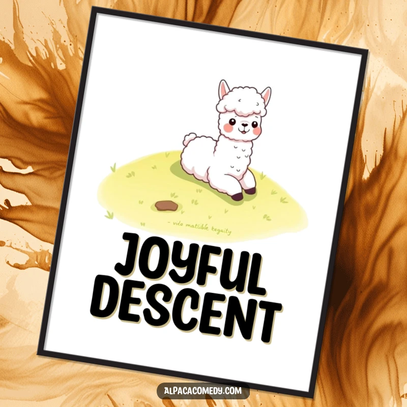 Funny kawaii alpaca joyfully slides down a gentle grassy hill, creating a heartwarming and humorous digital art print.