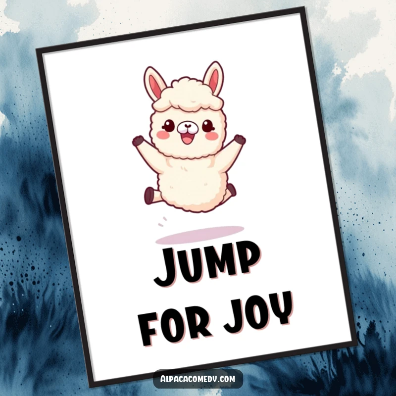 Funny Kawaii Alpaca Digital Art Print of an alpaca joyfully leaping with soft, woolly legs, perfect for dynamic, humorous wall decor.