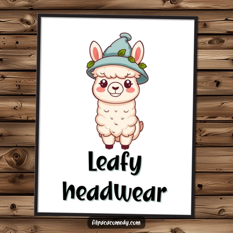 Funny kawaii alpaca wearing a tiny hat adorned with green leaves, creating a stylish and humorous digital art print.