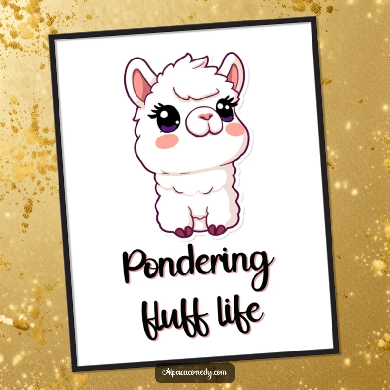 Funny Kawaii Alpaca Digital Art Print of an alpaca with a curious expression looking upwards, perfect for whimsical wall decor.