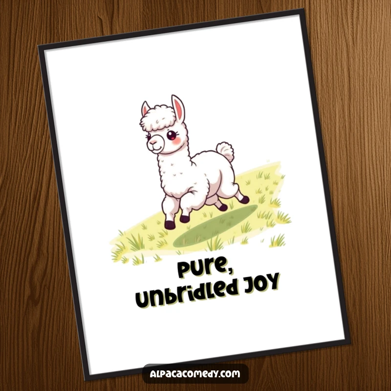 Funny alpaca with windblown fleece dynamically galloping, offered as a digital art print for humorous wall decor.
