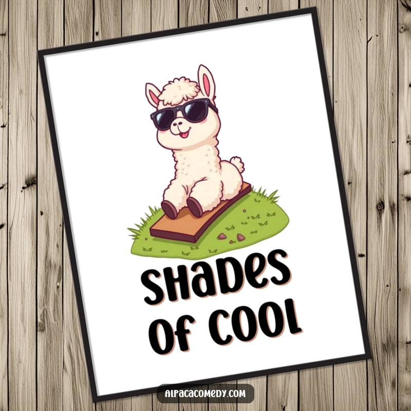Funny digital art print of a cool alpaca wearing sunglasses, hilariously sliding down a grassy hill, perfect for fun wall decor.