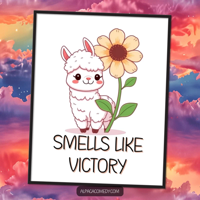Funny Kawaii Alpaca Digital Art Print, showing a cute alpaca playfully posing with an oversized, blooming flower, with a grin.