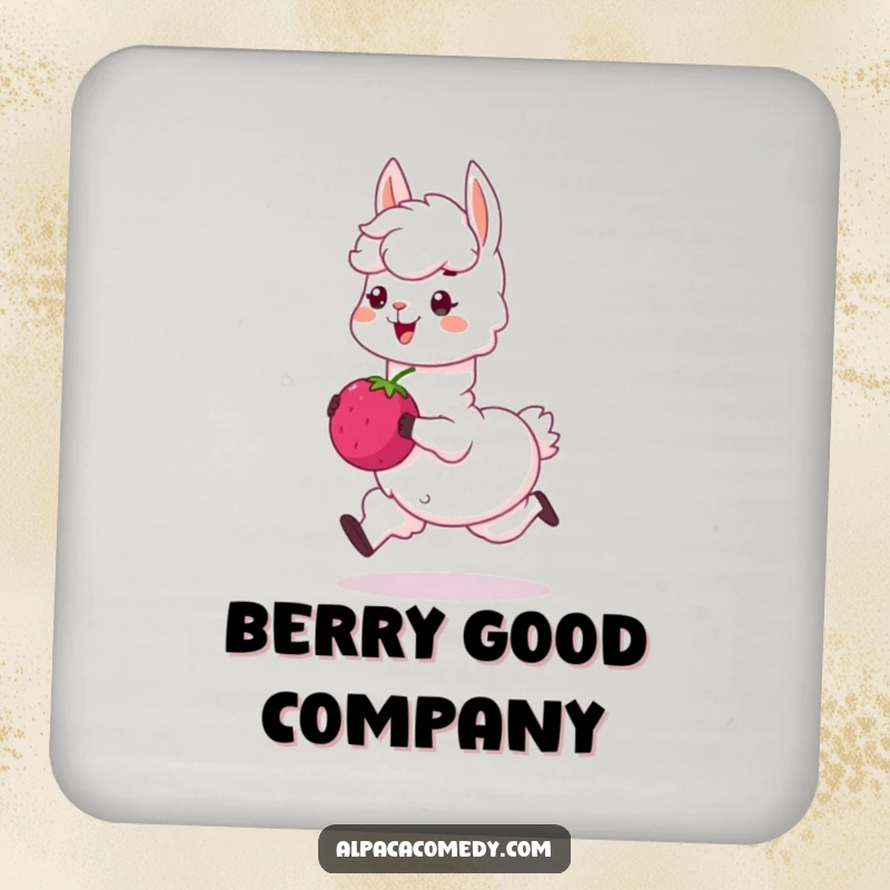 Funny coaster: A joyful alpaca character skips along holding a large sweet berry, adding humor to drink protection.