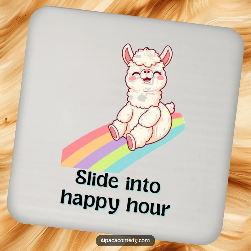 Funny Alpaca Coasters: A giggling alpaca slides down a rainbow with excitement, protecting surfaces with whimsical, humorous flair.