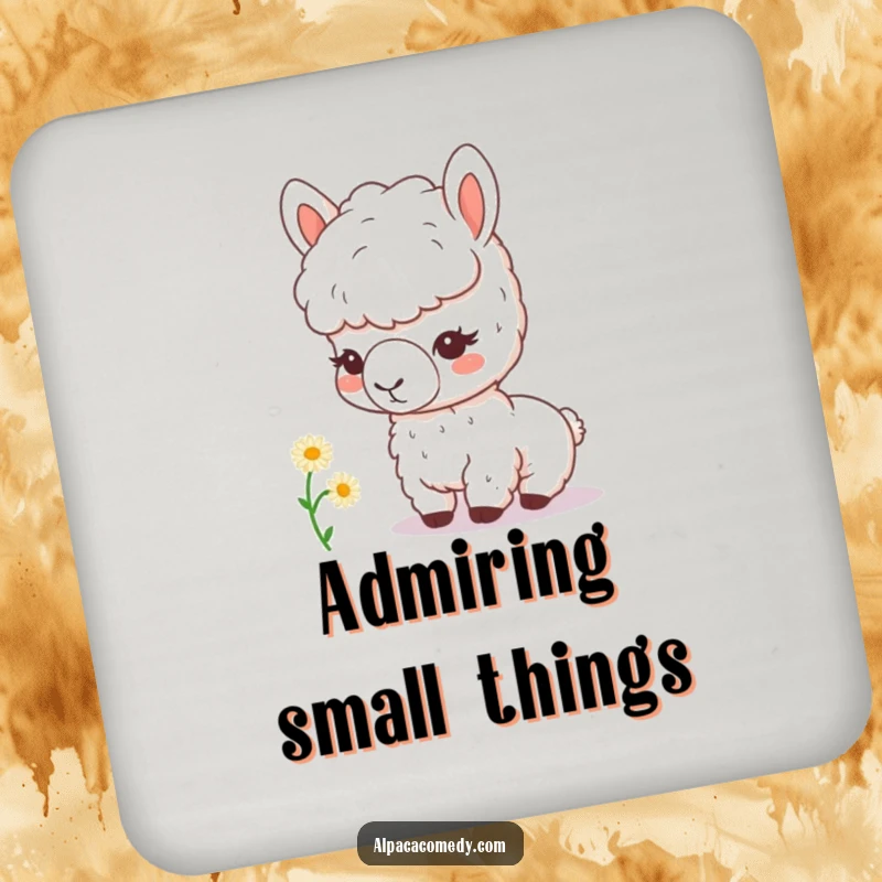 Funny kawaii alpaca with a magnifying glass curiously inspects a tiny daisy, printed on this protective and humorous drink coaster.