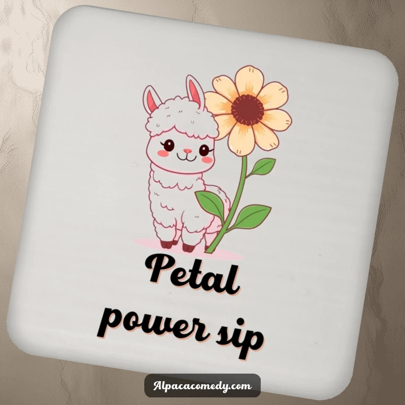 Funny Kawaii Alpaca Drink Coaster, with a happy alpaca playfully posing next to a large, blooming flower, smiling.