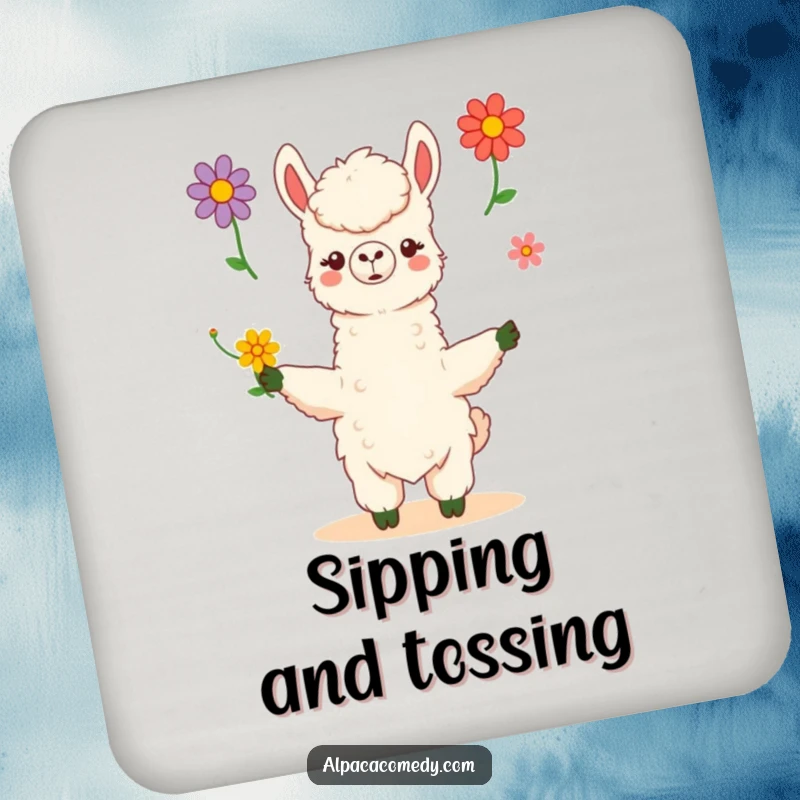 Funny kawaii alpaca skillfully juggles three vibrant flowers with poise and grace, printed on this protective and humorous drink coaster.