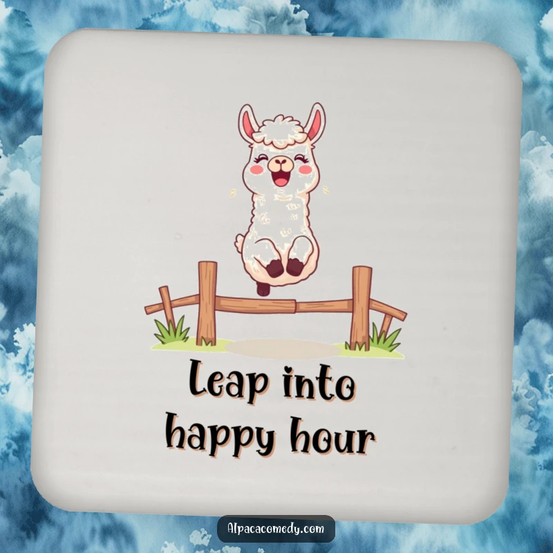 Funny drink coaster art of an excited alpaca character leaping over a fence with a cheerful bleat, protecting surfaces with flair.