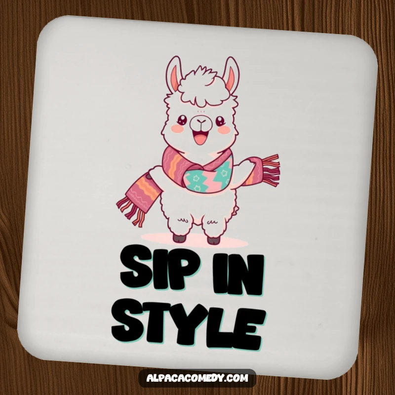 Funny Kawaii Alpaca Drink Coaster, with a happy alpaca proudly displaying a vibrant, woven scarf.