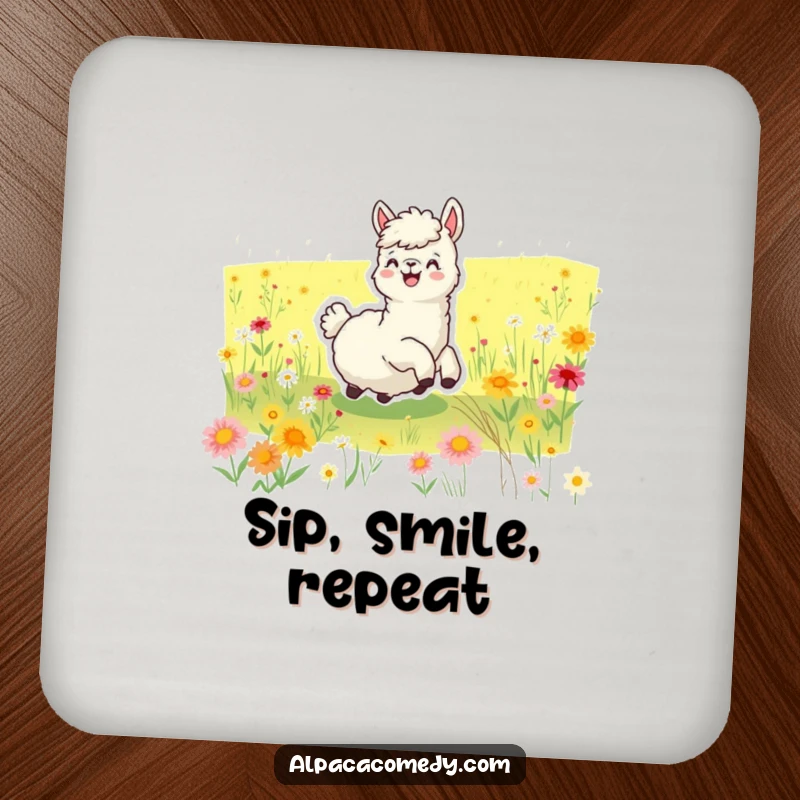 Funny drink coaster showing a joyful alpaca rolling in a colorful wildflower meadow, adding a touch of fun to any table.
