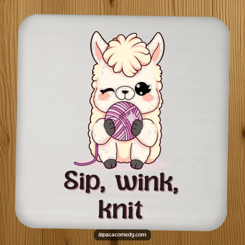 Funny coaster: A winking alpaca character playfully holds a miniature sparkling yarn ball, adding humor to drink protection.