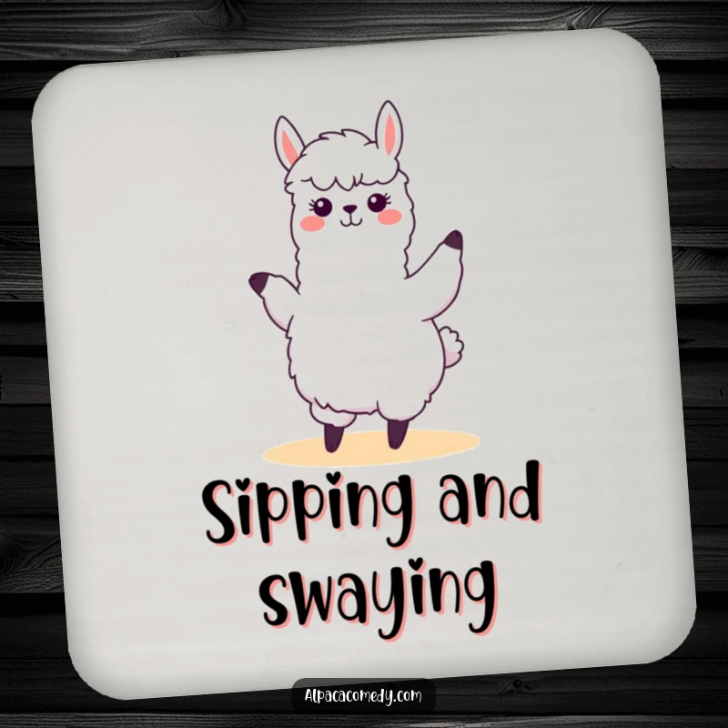 Funny kawaii alpaca performing a silly, swaying dance with joyful energy, printed on this protective and humorous drink coaster.