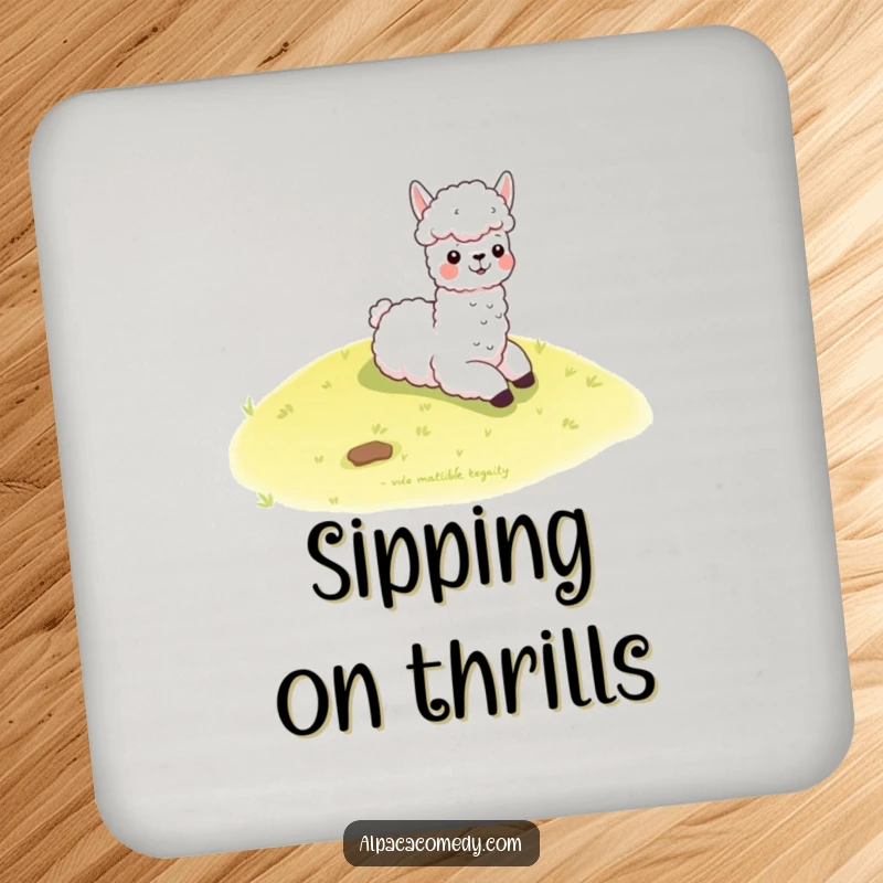 Funny kawaii alpaca joyfully slides down a gentle grassy hill, printed on this protective and humorous drink coaster.