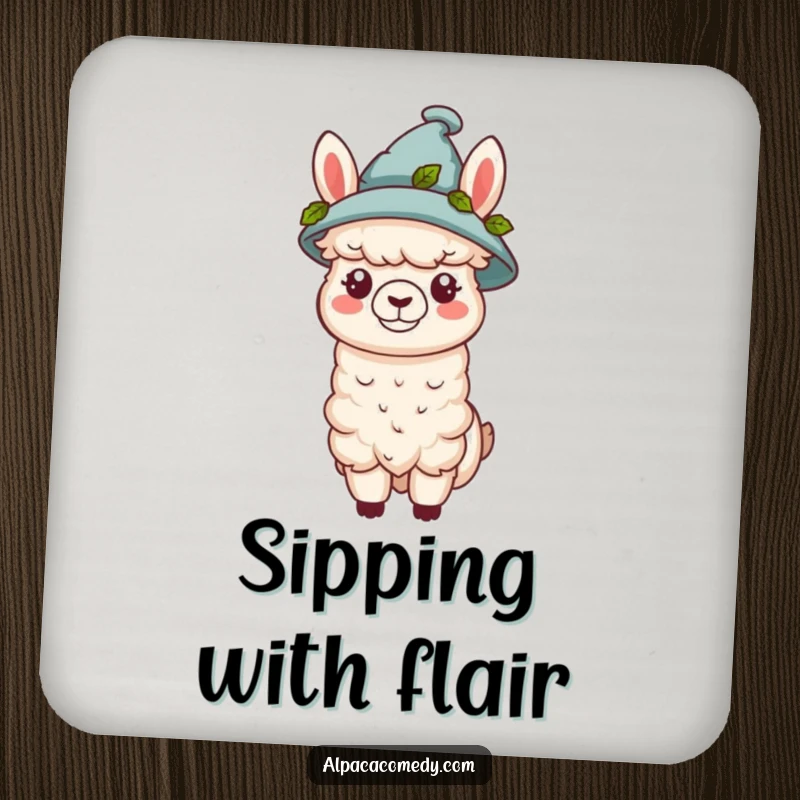 Funny kawaii alpaca wearing a tiny hat adorned with green leaves, printed on this protective and humorous drink coaster.