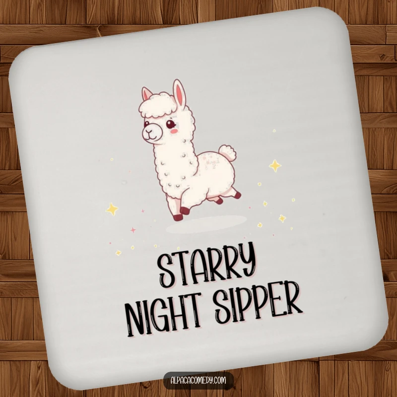 Funny Kawaii Alpaca Drink Coaster, with a happy alpaca skipping joyfully through a field of sparkling, tiny stars.