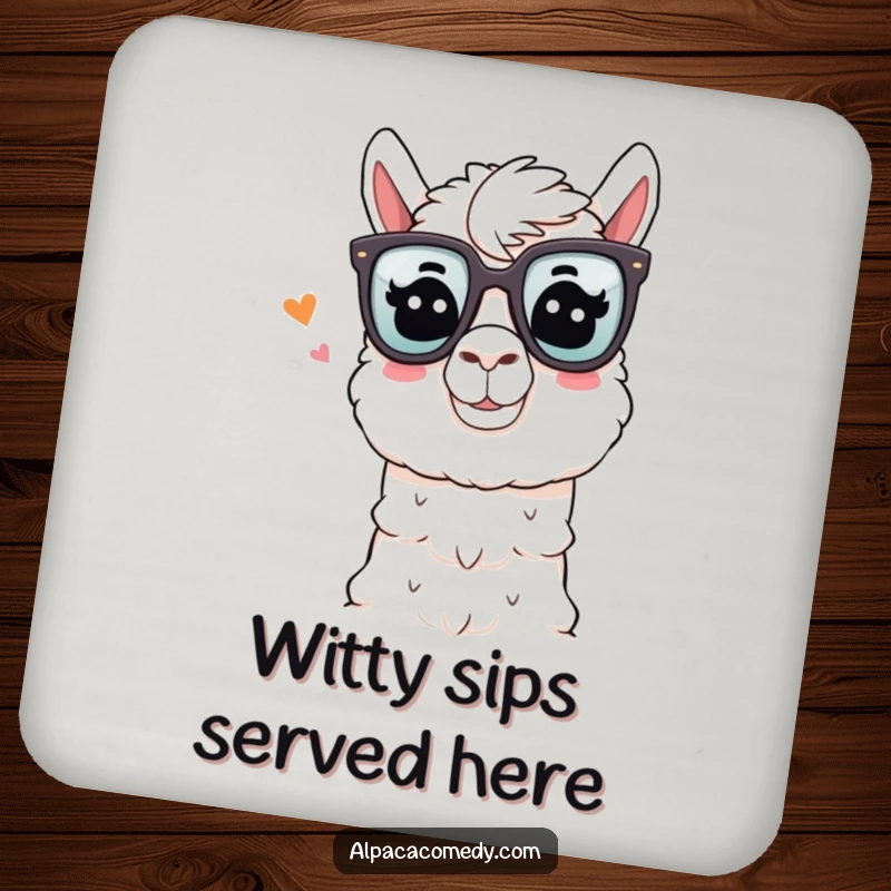 Funny Alpaca Coasters: An alpaca wearing comedy glasses and winking playfully while telling a joke, protecting surfaces with humor.