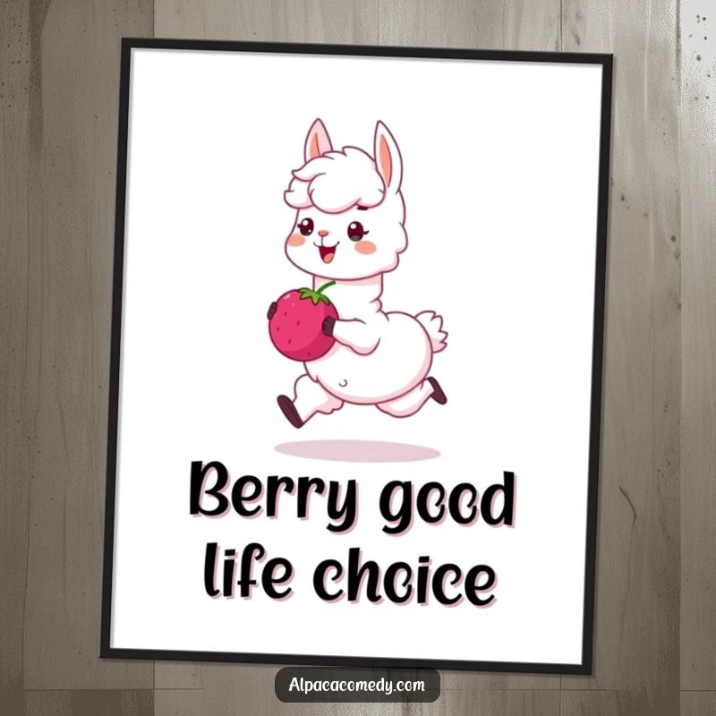 Funny poster: A vibrant illustration of a happy alpaca character skipping joyfully while holding a huge, sweet berry.