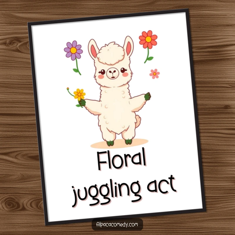 Funny kawaii alpaca skillfully juggles three vibrant flowers with poise and grace, creating a captivating and humorous art print.