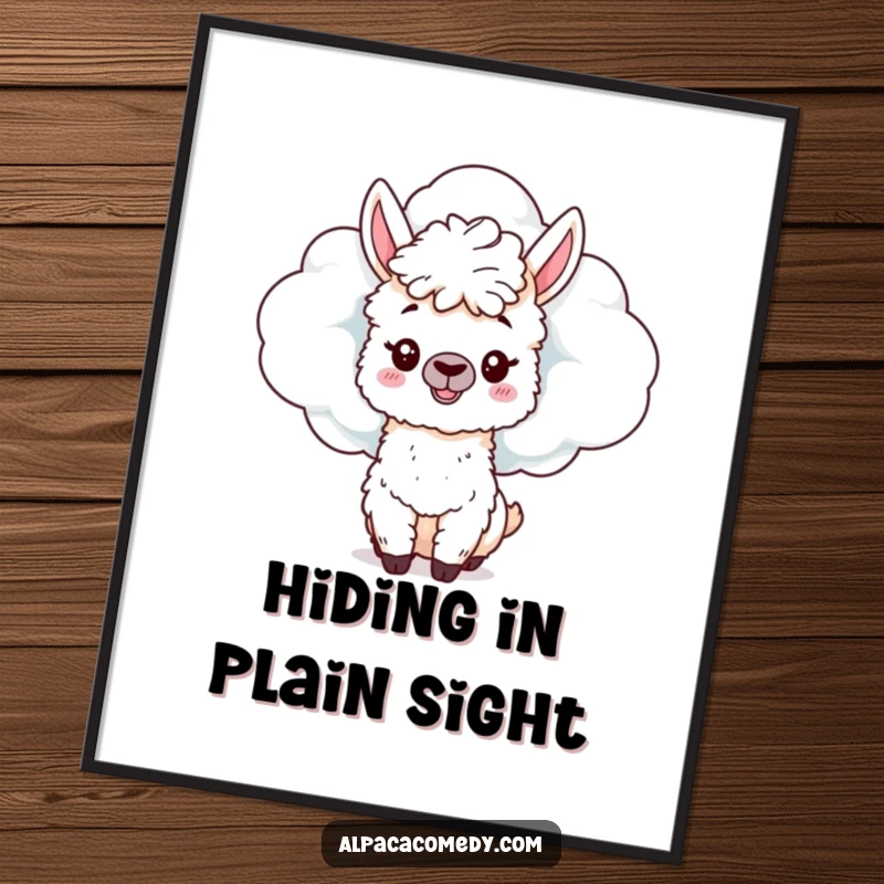 Funny Alpaca Poster: A mischievous alpaca hides behind a large cloud, peeking out playfully, creating whimsical and humorous wall decor.