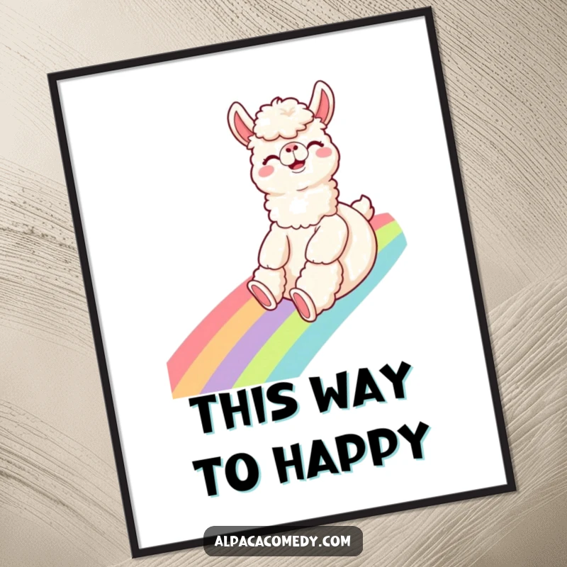 Funny Alpaca Poster: A giggling alpaca slides down a rainbow with a wide, excited expression, bringing vibrant, humorous joy to walls.