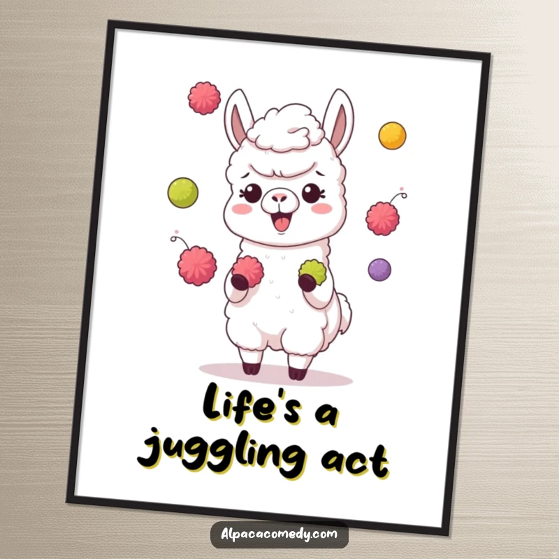 Funny poster of a giggling alpaca character juggling colorful pompoms with its hooves, capturing a moment of pure, silly joy.