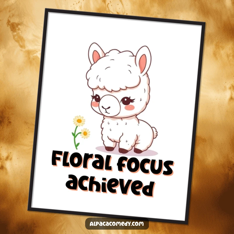 Funny kawaii alpaca with a magnifying glass curiously inspects a tiny daisy, creating a whimsical scene on this charming and humorous poster.