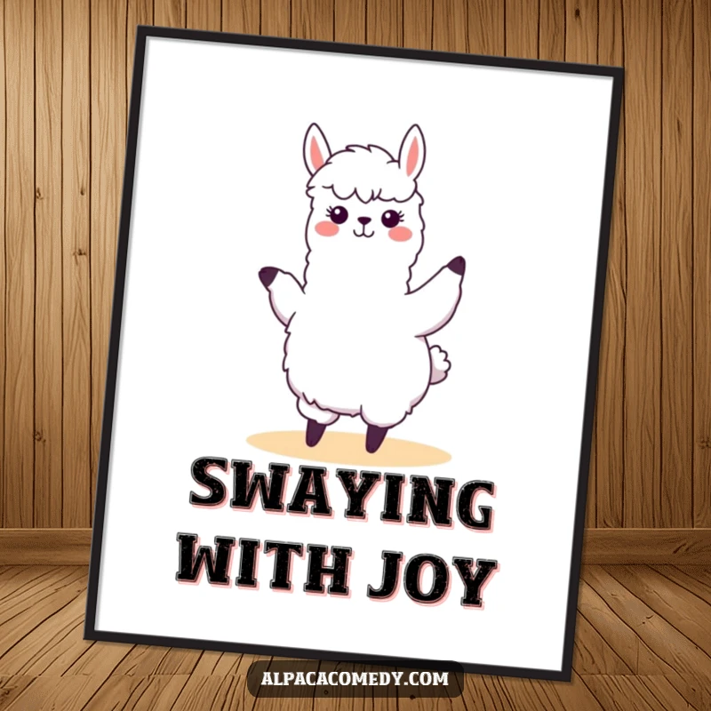 Funny kawaii alpaca performing a silly, swaying dance with happy abandon, creating a joyful and humorous scene on this vibrant poster.