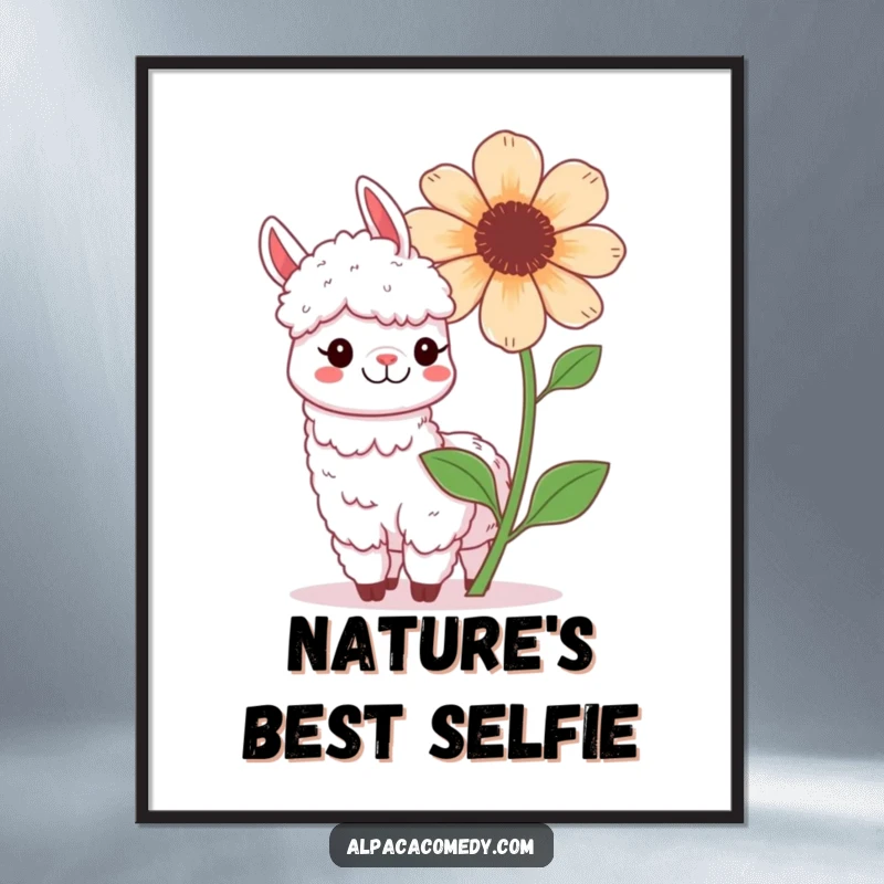 Funny Kawaii Alpaca Poster, showing a cute alpaca playfully posing with an oversized, blooming flower, with a cheerful grin.