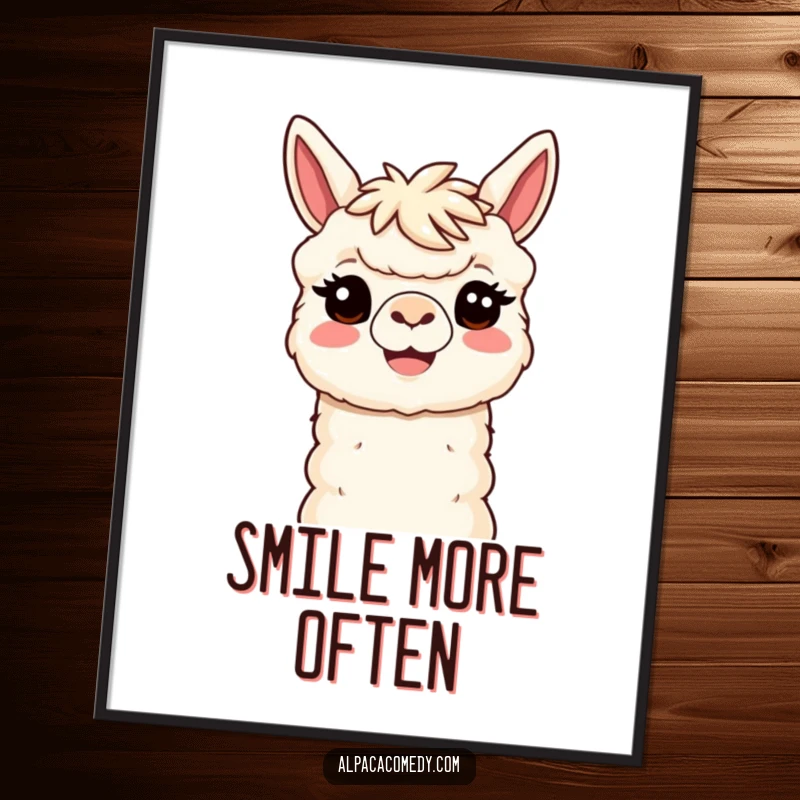 Funny Kawaii Alpaca Poster showcasing a smiling alpaca with a welcoming head tilt, bringing humorous and delightful vibes to wall art.