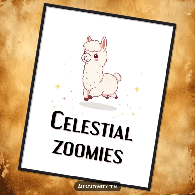 Funny Kawaii Alpaca Poster, showing a happy alpaca skipping joyfully through a field of sparkling, tiny stars.