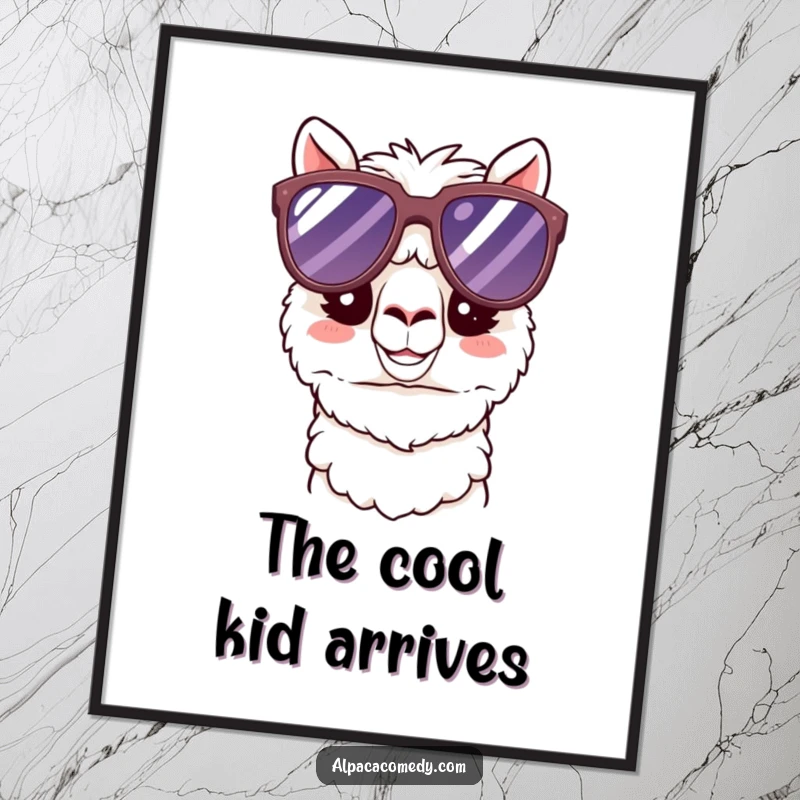 Funny Kawaii Alpaca Poster showcasing a happy alpaca wearing cool oversized sunglasses, perfect for adding humorous and chill vibes to any room.