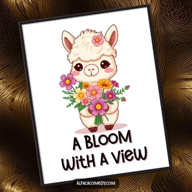 Funny smiling alpaca proudly holding a bouquet of vibrant flowers, presented as a poster for humorous and heartwarming decor.