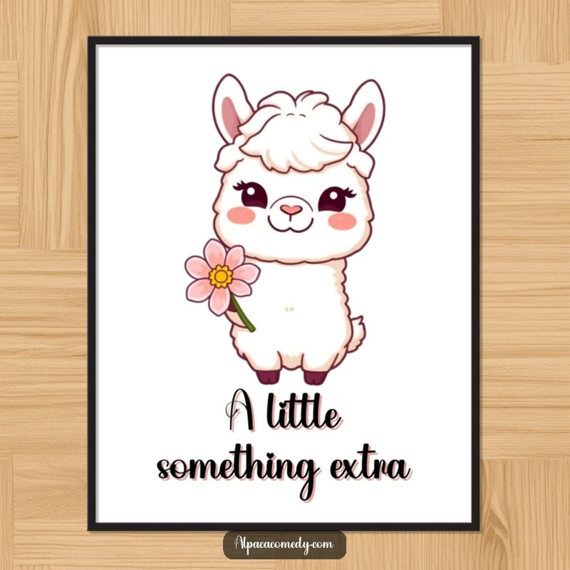 Funny poster of a winking alpaca character offering a flower with a gentle smile, radiating warmth and sweet sentiment.