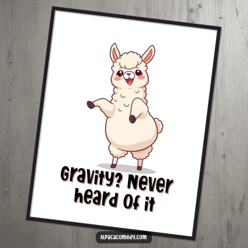 Funny Alpaca Poster: A cheerful alpaca captured mid-cartwheel with legs kicking joyfully upwards, bringing dynamic, humorous energy.