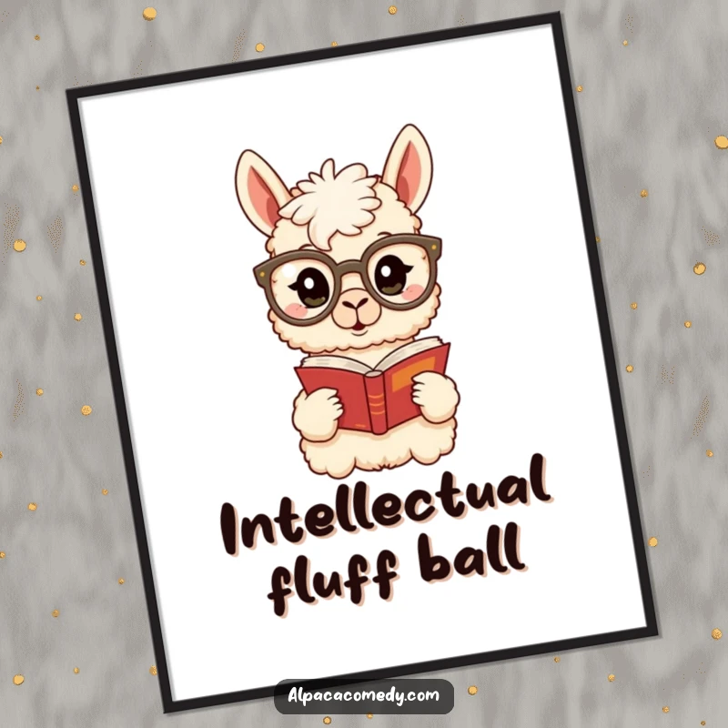 Funny Alpaca Poster: A surprised alpaca wearing oversized spectacles reads a book, adding intellectual humor and character to wall art.