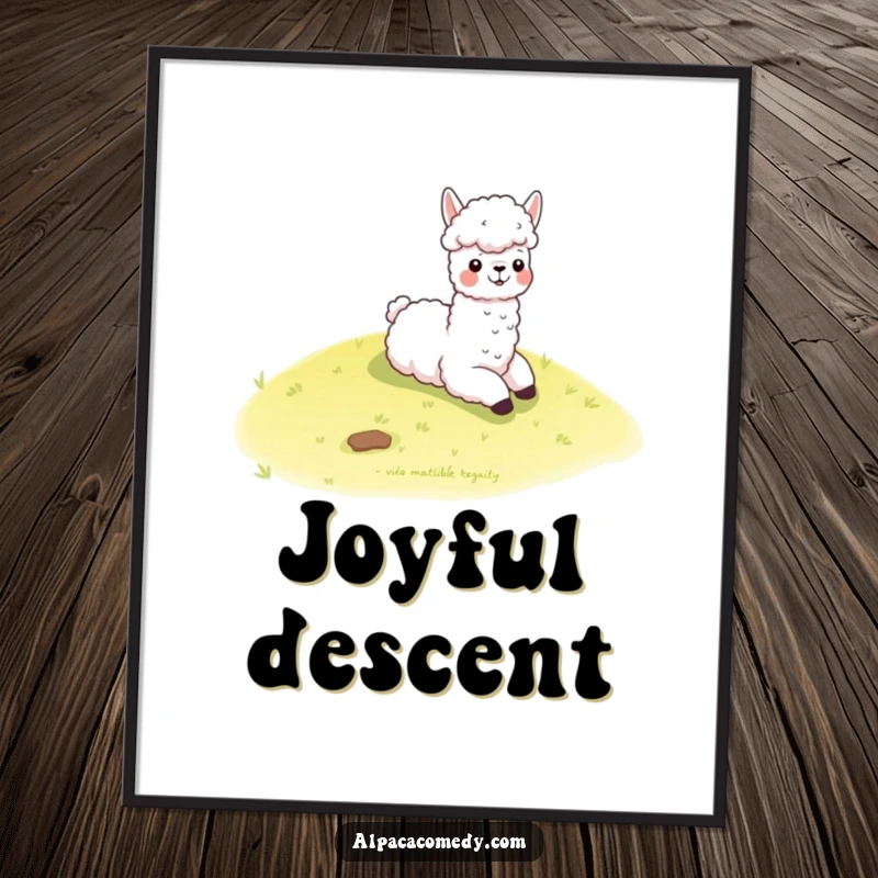 Funny kawaii alpaca joyfully slides down a gentle grassy hill, creating a heartwarming and humorous scene on this vibrant poster.