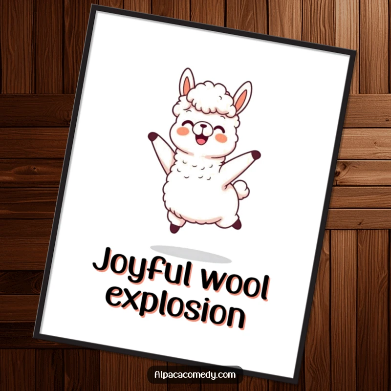 Funny poster art of an alpaca character joyfully jumping, with its wool flying dynamically, symbolizing freedom and energetic fun.