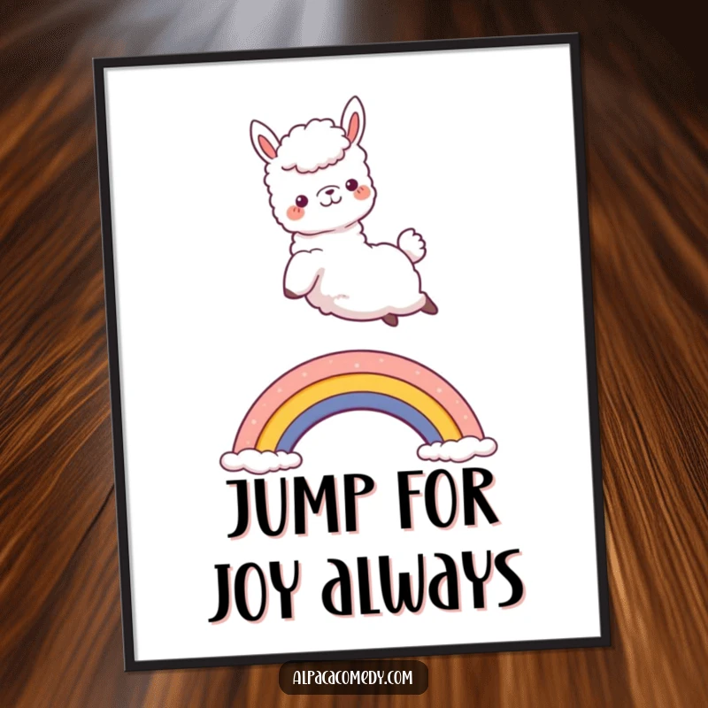 Funny Kawaii Alpaca Poster showcasing a joyful alpaca leaping over a vibrant rainbow, bringing humorous and delightful vibes to wall art.