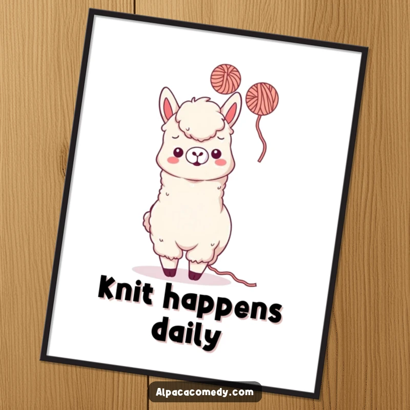 Funny Kawaii Alpaca Poster showcasing a playful alpaca tossing a ball of yarn, bringing humorous and delightful vibes to wall art.