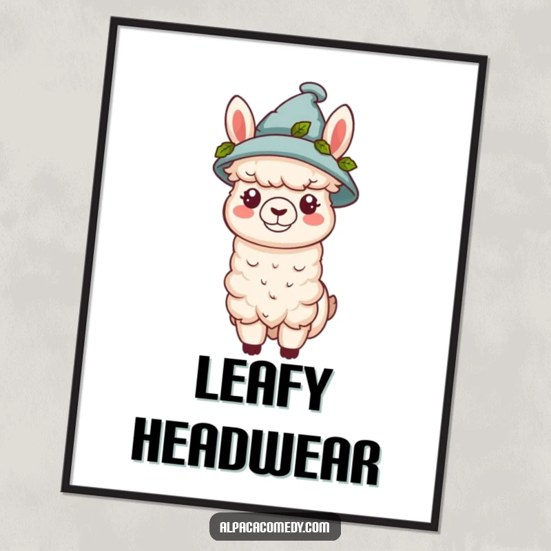 Funny kawaii alpaca wearing a tiny hat adorned with green leaves, creating a chic and humorous scene on this stylish poster.