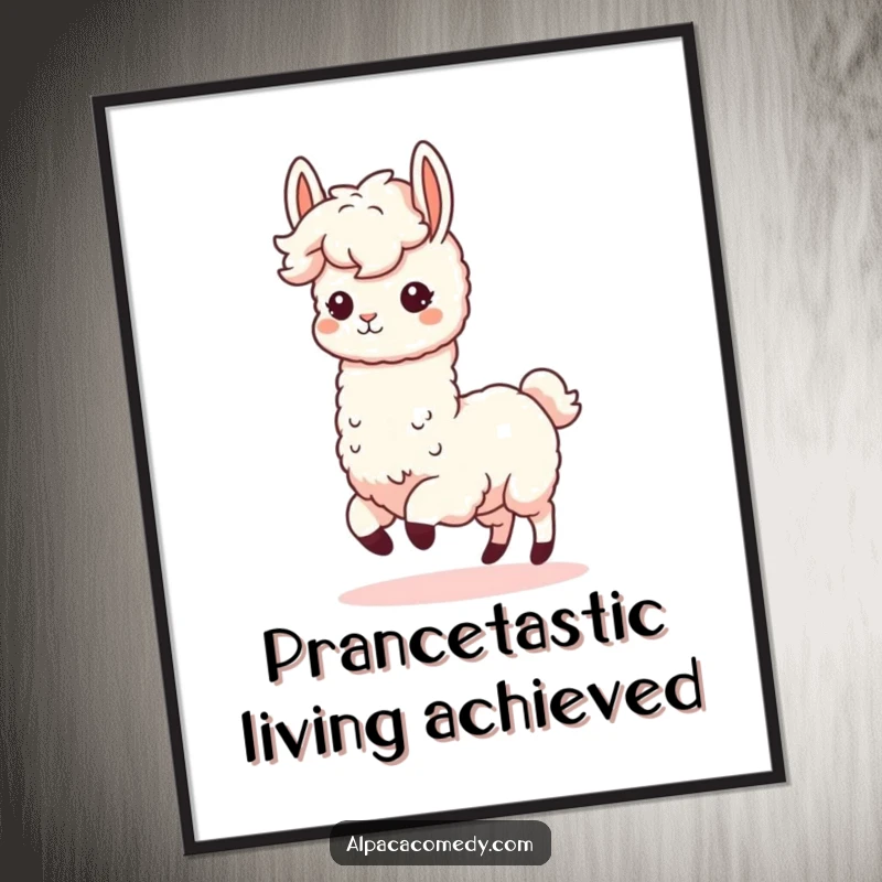 Funny Kawaii Alpaca Poster showcasing an enthusiastically prancing alpaca with a fluffy mane, bringing joyful and humorous vibes to wall art.