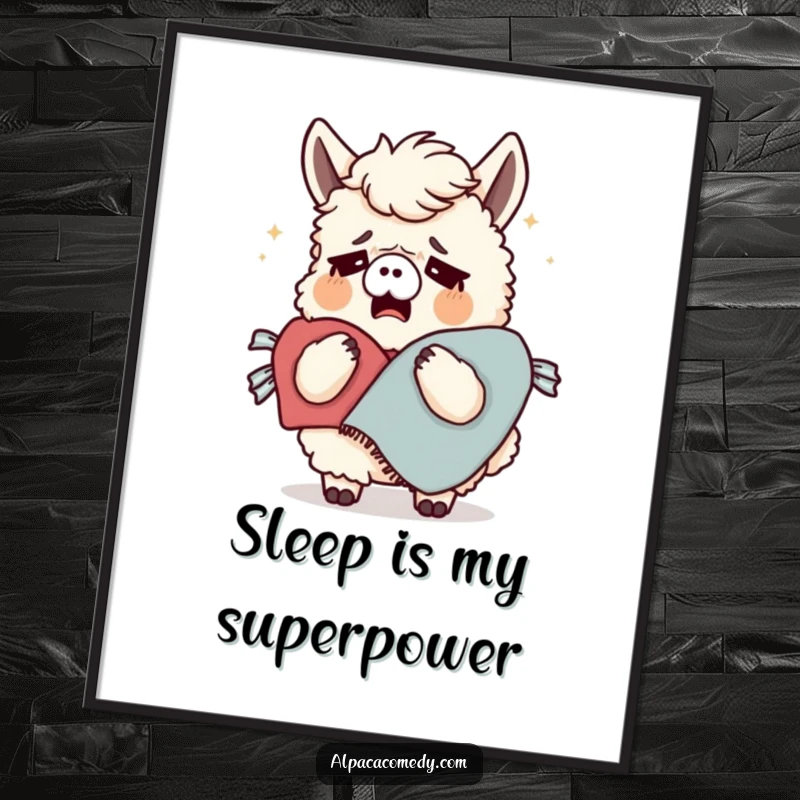 Funny poster of a very tired alpaca yawning profoundly while wrapped in a plush blanket, exuding ultimate coziness and a need for sleep.