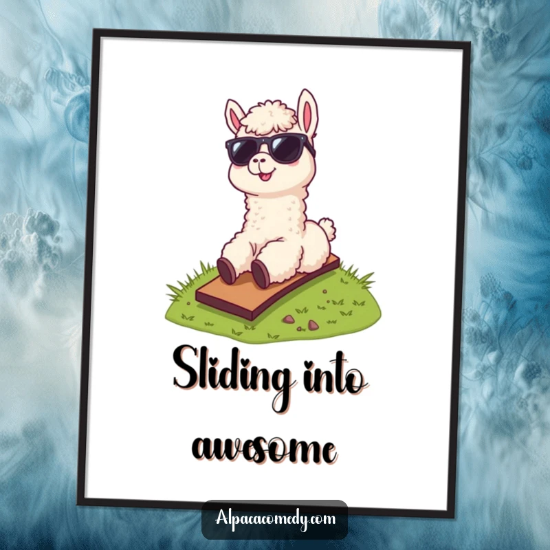 Funny poster art of a cool alpaca wearing sunglasses, hilariously sliding down a grassy hill, perfect for adding fun decor.