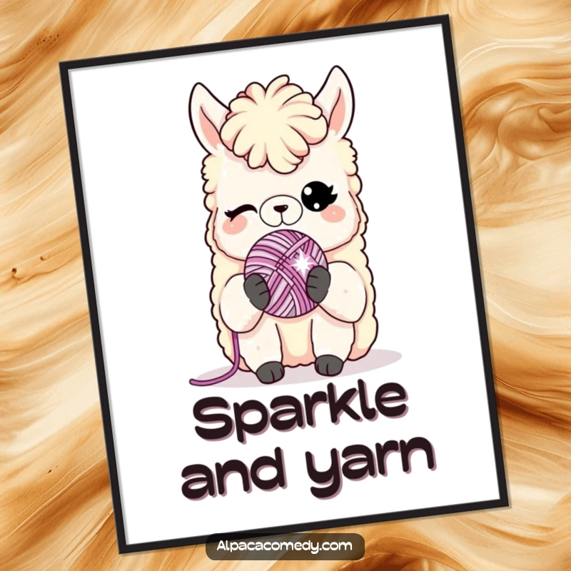 Funny poster: A charming alpaca winks while playfully holding a small, sparkling ball of yarn, perfect for whimsical decor.