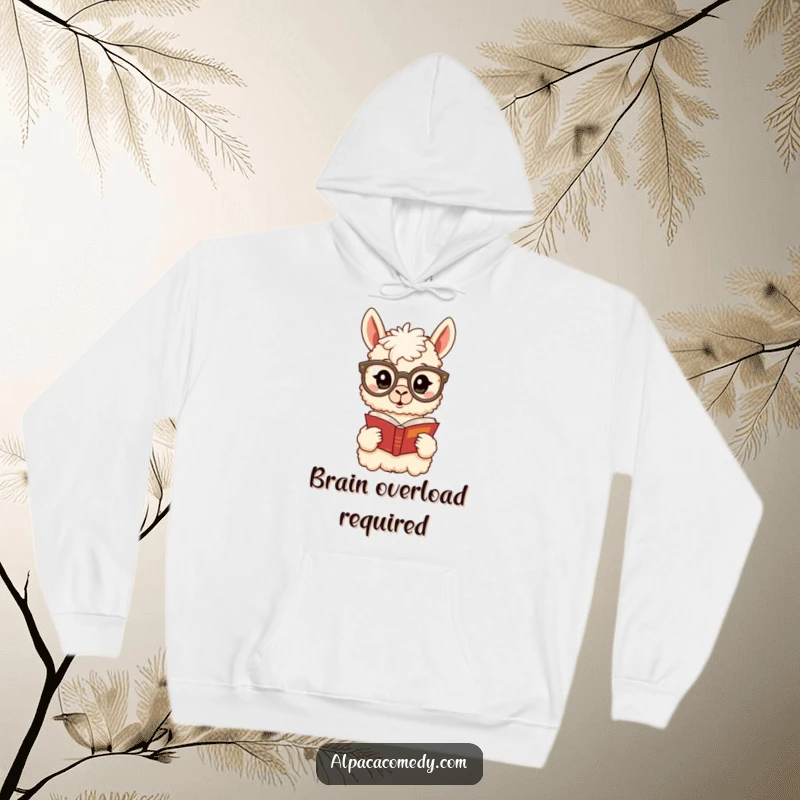 Funny Alpaca Hoodie: A surprised alpaca in large glasses reads a book, offering cozy comfort and intellectual humor for chilly days.