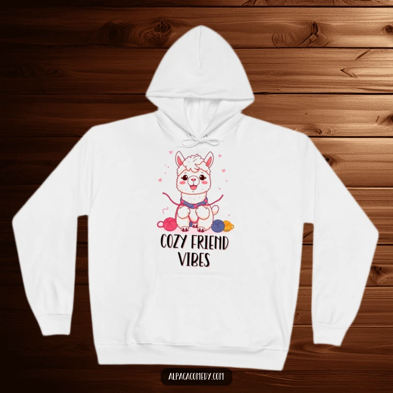 Funny Kawaii alpaca hoodie, sharing colorful yarn with companions, warm smile radiating kindness, offering cozy companionship and joy.