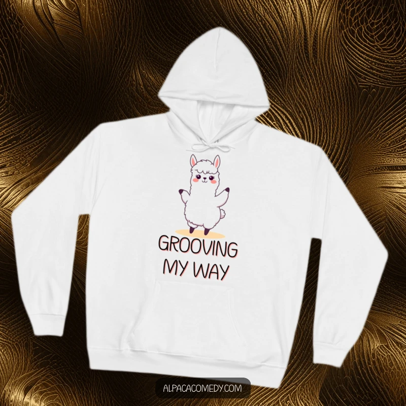 Funny kawaii alpaca performing a silly, swaying dance with joyful energy, printed on a soft hoodie, radiating warmth and playful vibes.