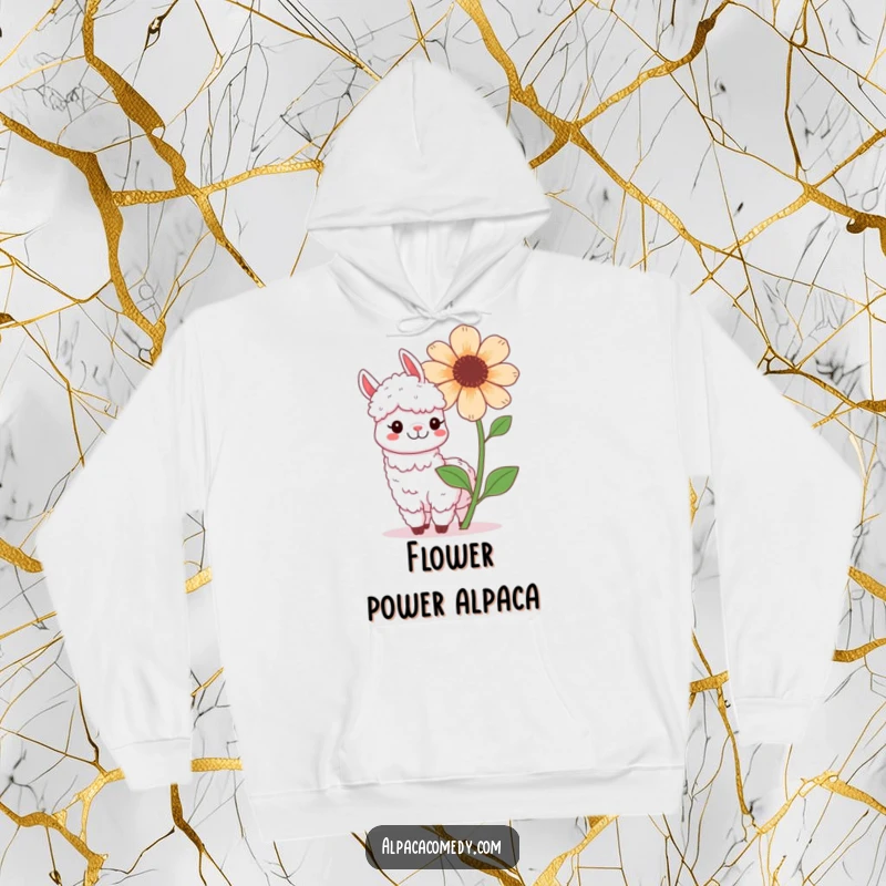Funny Kawaii Alpaca Hoodie, featuring a cute alpaca playfully posing with a large flower, radiating happiness.