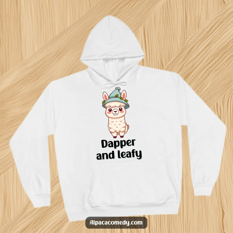 Funny kawaii alpaca wearing a tiny hat adorned with green leaves, printed on a soft hoodie, radiating warmth and natural charm.
